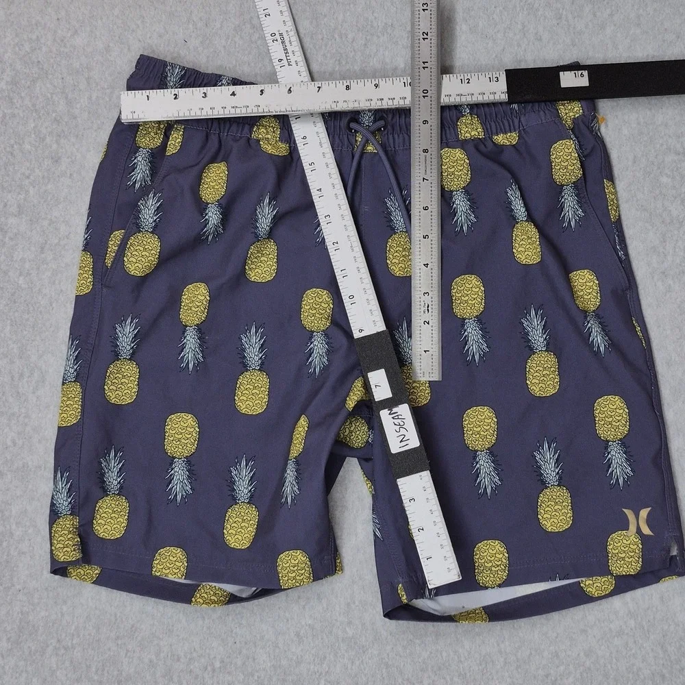 Hurley Men Swimwear MEDIUM Purple Embroidered Swim Trunks Graphic Pineapples